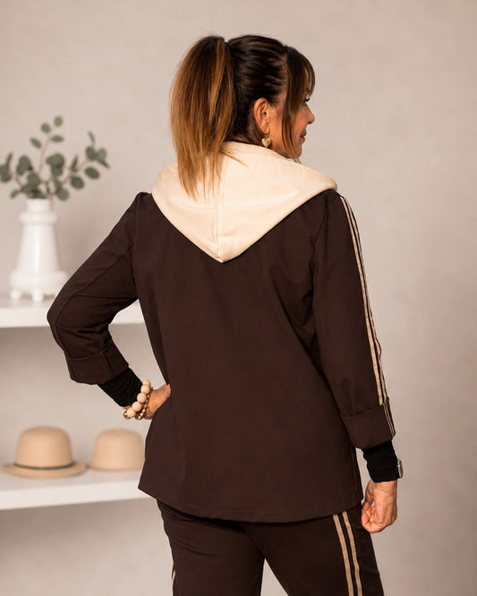 Damen Blazer mit abknöpfbarer Kapuze & Streifen – One Size 38–44