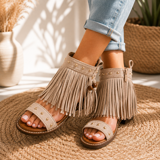Boho Fransen Sandalen – Beige