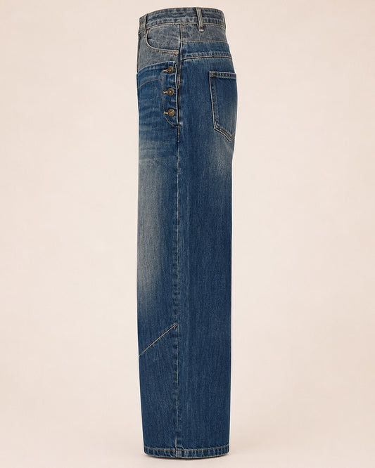 High Waist Boyfriend Jeans Damen – Wide Leg mit Latz & Used-Waschung