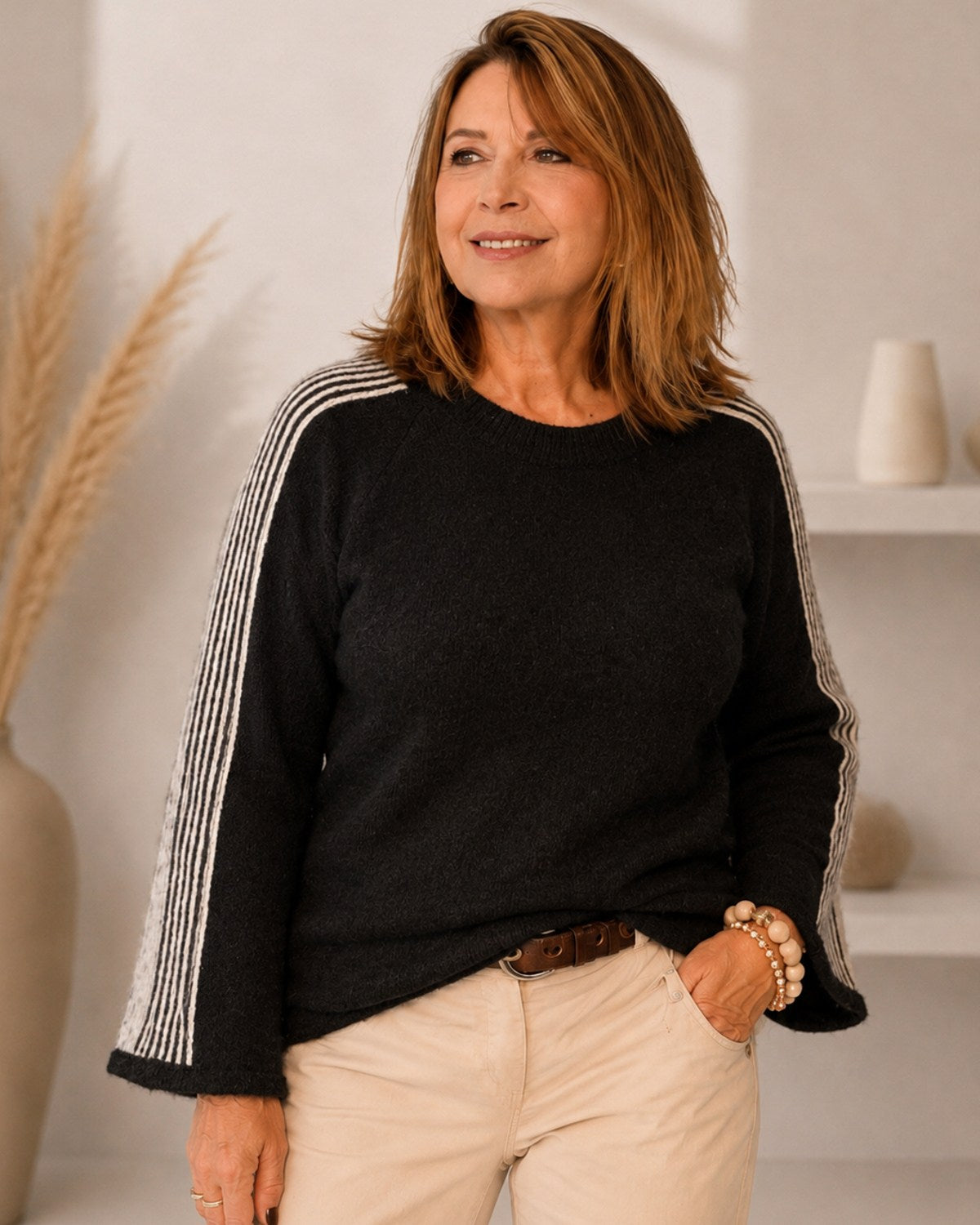 Raglan Strickpullover mit Ärmelstreifen – One Size 36/38–40/42