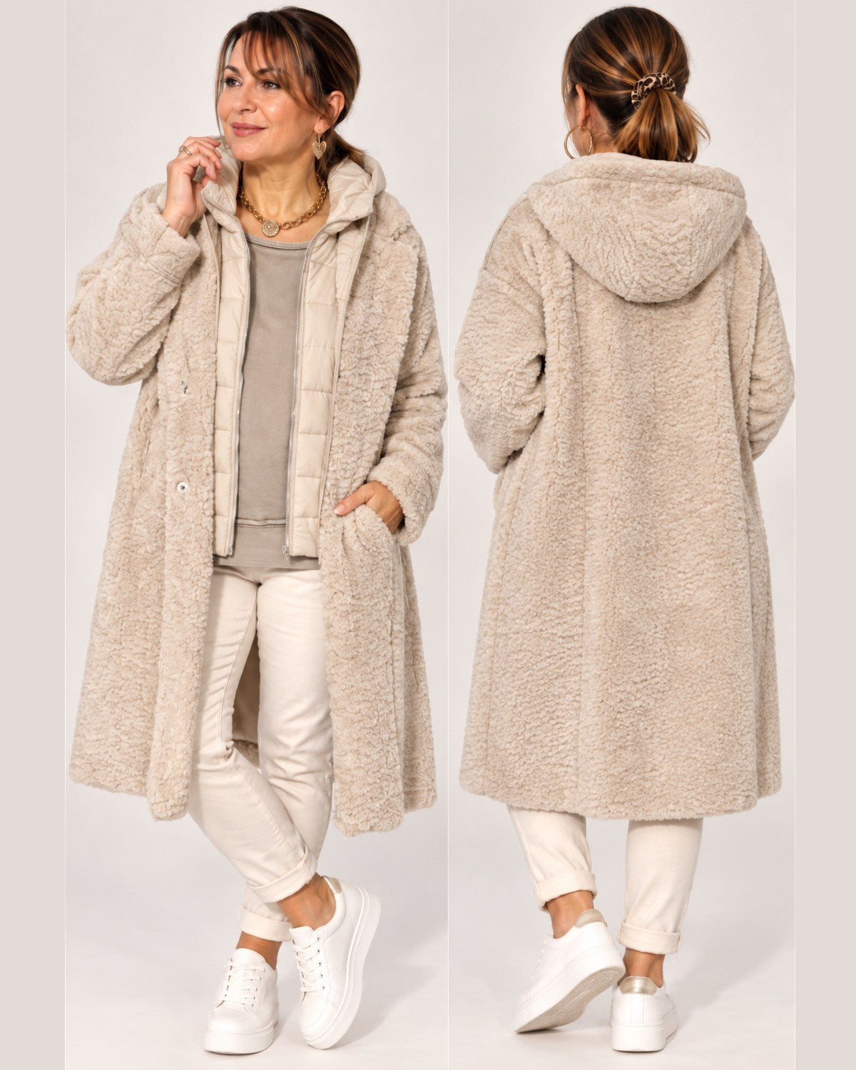 Kuscheliger Teddymantel mit herausnehmbarem Kapuzeneinsatz – Beige