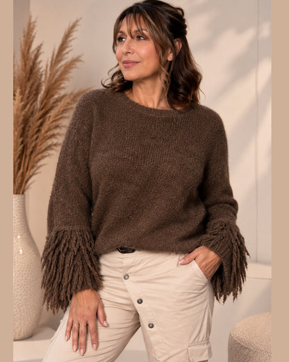 Brauner Damen Strickpullover mit Fransenärmeln One Size