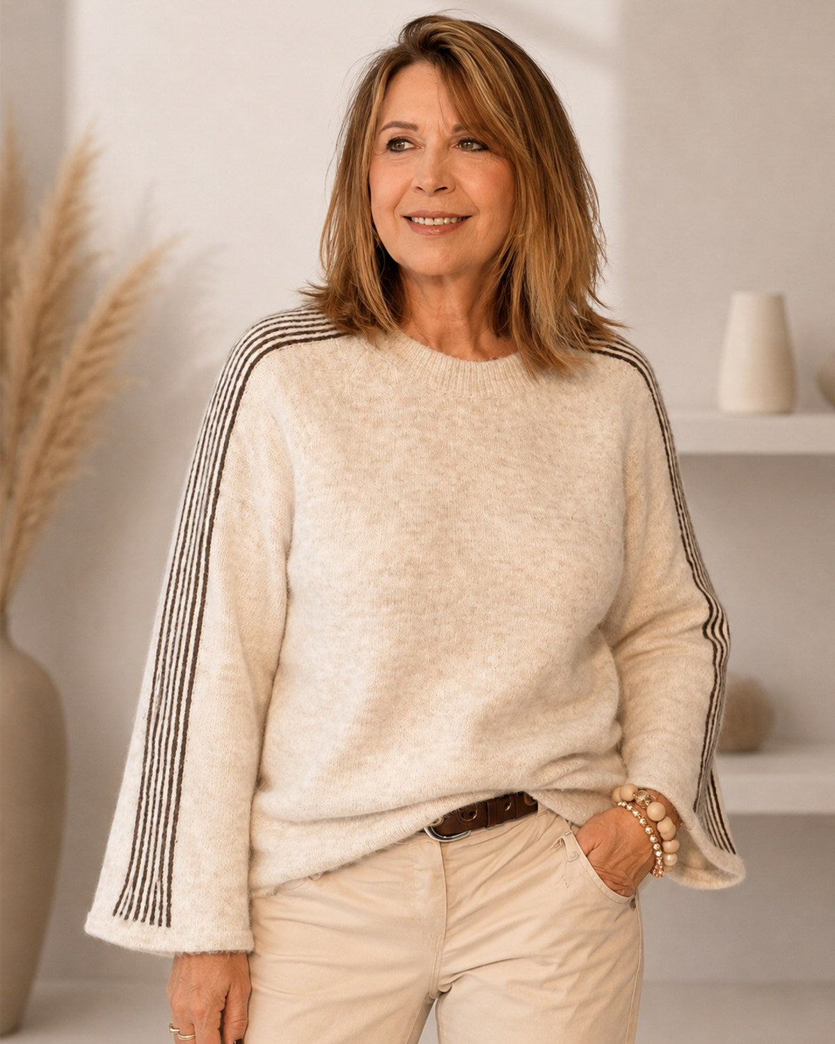 Raglan Strickpullover mit Ärmelstreifen – One Size 36/38–40/42
