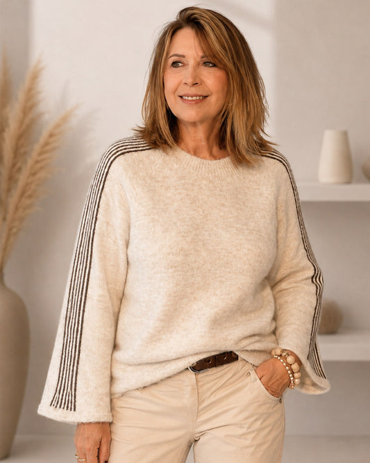 Raglan Strickpullover mit Ärmelstreifen – One Size 36/38–40/42