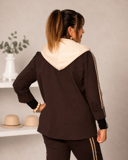 Damen Blazer mit abknöpfbarer Kapuze & Streifen – One Size 38–44
