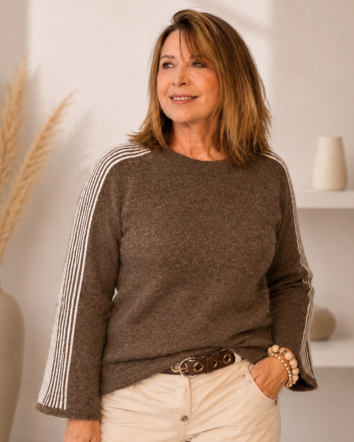 Raglan Strickpullover mit Ärmelstreifen – One Size 36/38–40/42