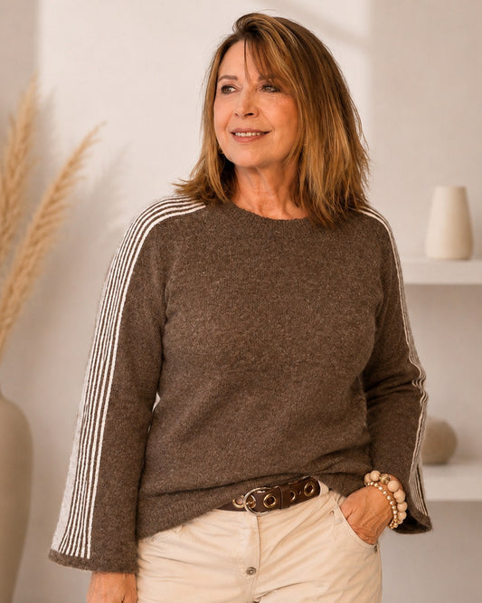 Raglan Strickpullover mit Ärmelstreifen – One Size 36/38–40/42