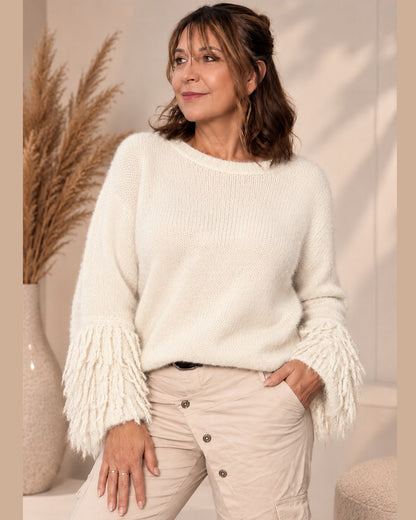 Damen Strickpullover Creme mit Fransenärmeln One Size 36 bis 42