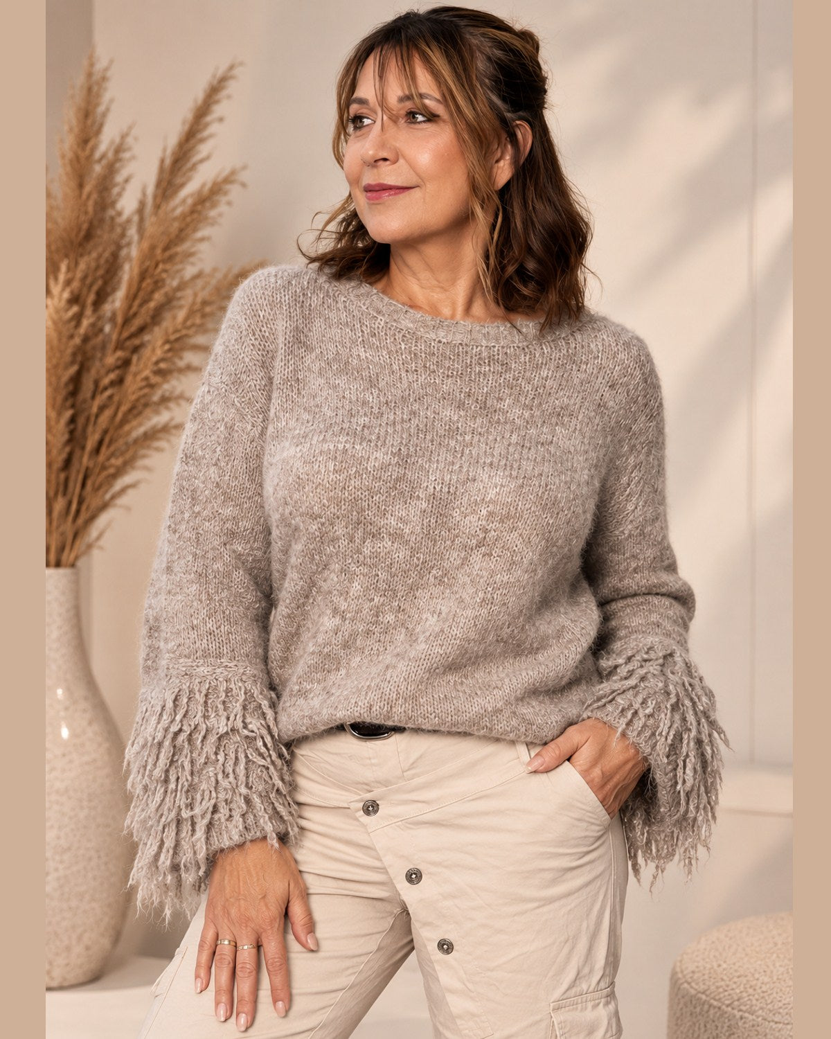 Fransenpullover Damen Braun Creme meliert Made in Italy