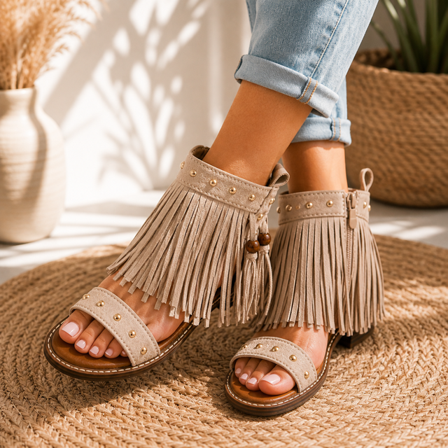 Boho Fransen Sandalen – Beige