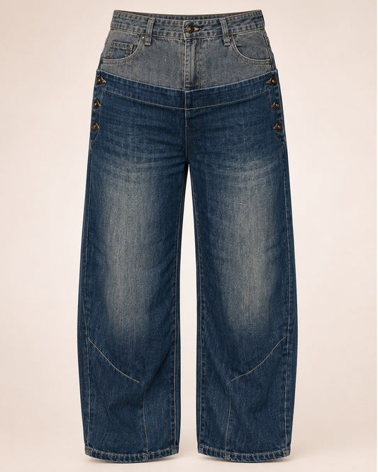 High Waist Boyfriend Jeans Damen – Wide Leg mit Latz & Used-Waschung