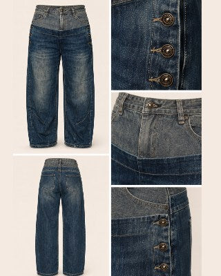 High Waist Boyfriend Jeans Damen – Wide Leg mit Latz & Used-Waschung