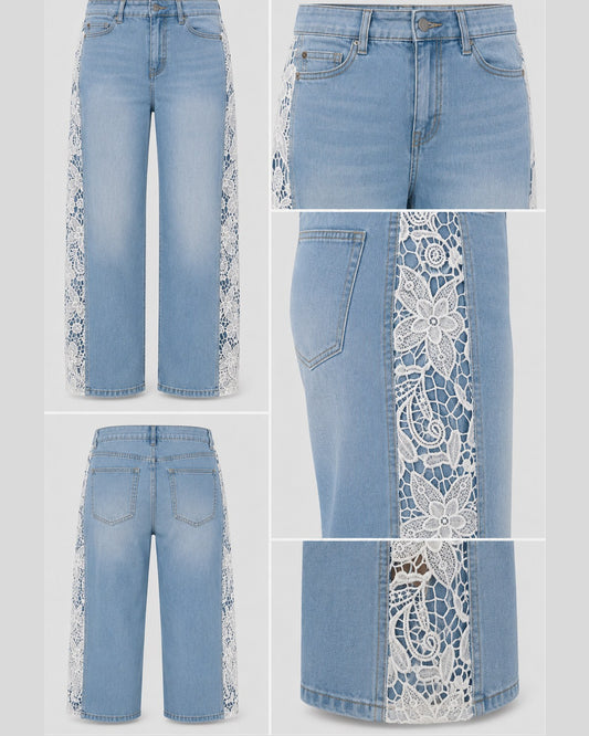 High Waist Straight Jeans mit Spitze