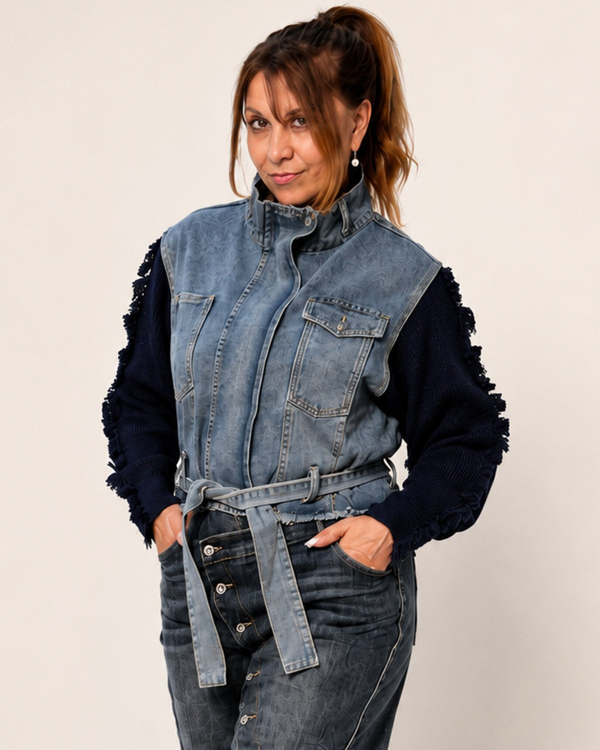 Jeansjacke mit grauen Strickärmeln Damen – Moderner Denim-Look | DeLuLu Fashion Corner