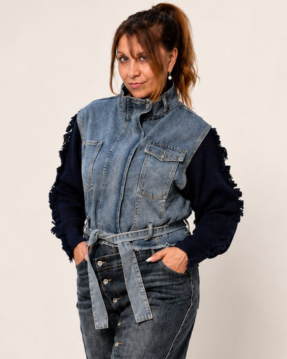 Jeansjacke mit grauen Strickärmeln Damen – Moderner Denim-Look | DeLuLu Fashion Corner