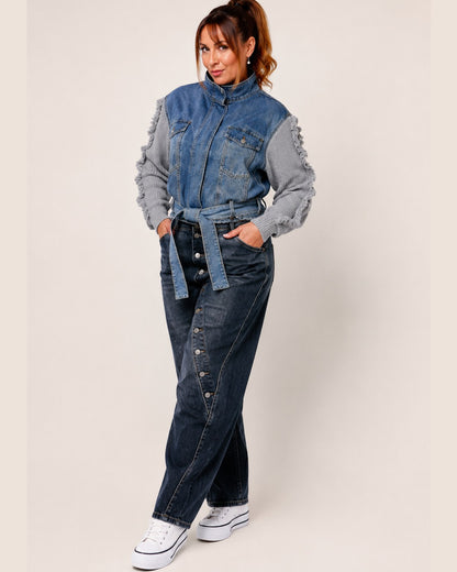 Jeansjacke mit grauen Strickärmeln Damen – Moderner Denim-Look | DeLuLu Fashion Corner