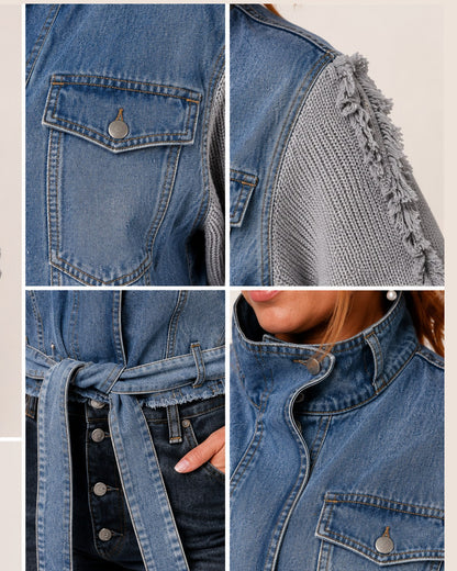 Jeansjacke mit grauen Strickärmeln Damen – Moderner Denim-Look | DeLuLu Fashion Corner