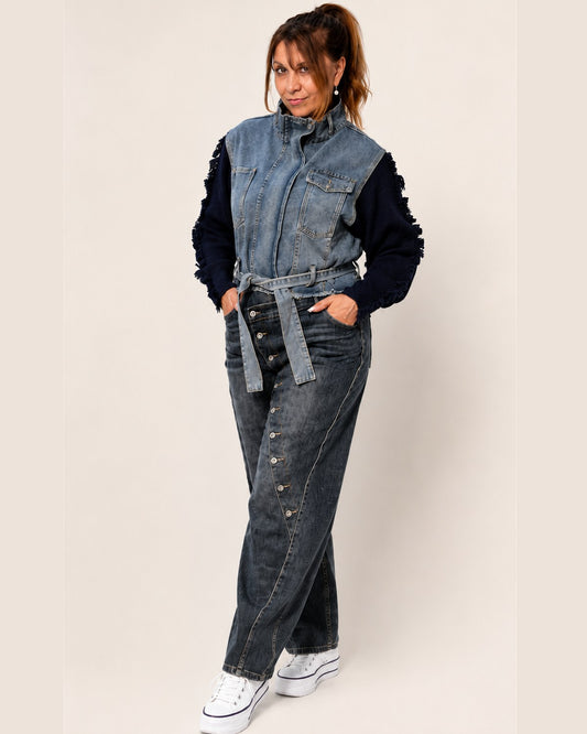 Jeansjacke mit grauen Strickärmeln Damen – Moderner Denim-Look | DeLuLu Fashion Corner