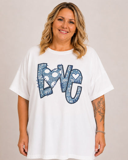Oversize T-Shirt LOVE Weiß mit Pailletten | Plus Size bis Gr. 48 | Made in Italy
