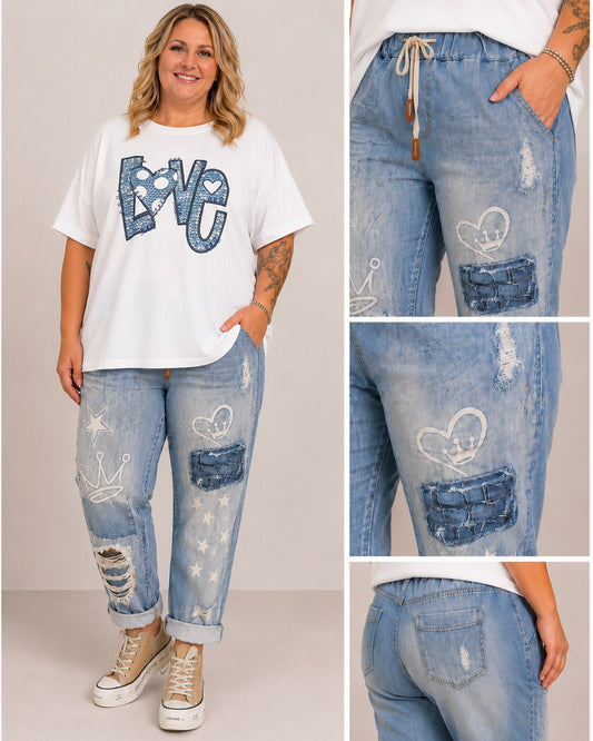 Oversize T-Shirt LOVE Weiß mit Pailletten | Plus Size bis Gr. 48 | Made in Italy