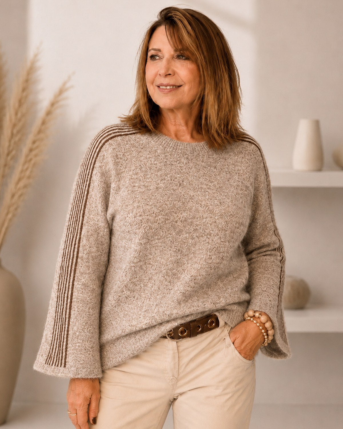 Raglan Strickpullover mit Ärmelstreifen – One Size 36/38–40/42