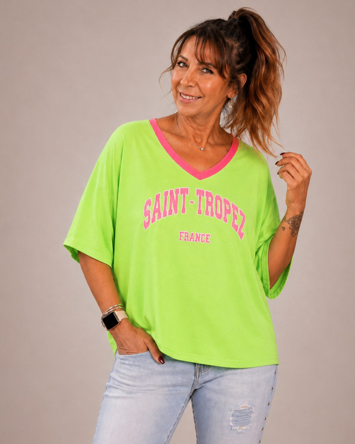 Saint-Tropez T-Shirt mit V-Ausschnitt – One Size