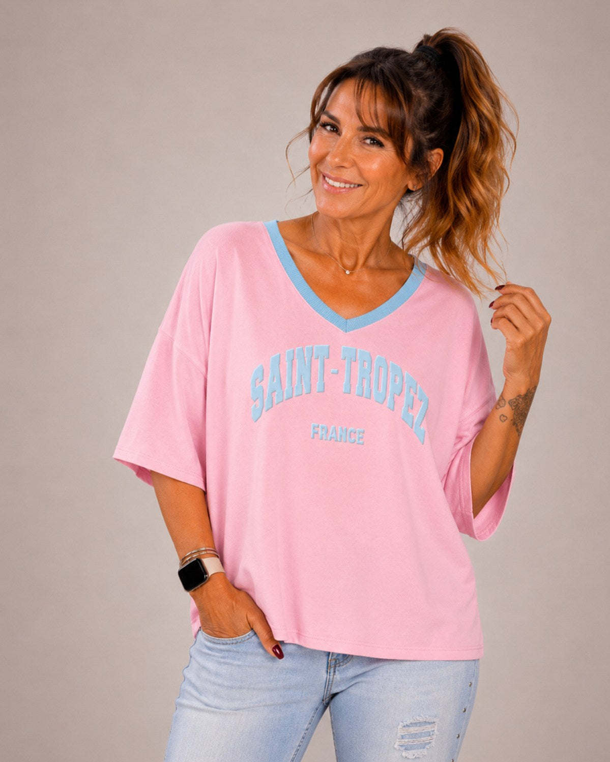 Saint-Tropez T-Shirt mit V-Ausschnitt – One Size