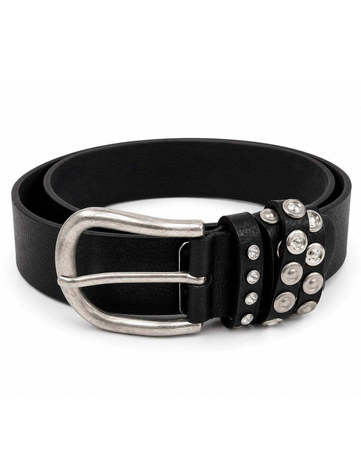 Schwarzer Damengürtel mit Vintage-Schnalle, Nieten und Strass – modisches Accessoire für Damen.