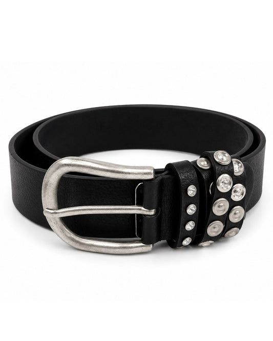 Schwarzer Damengürtel mit Vintage-Schnalle, Nieten und Strass – modisches Accessoire für Damen.