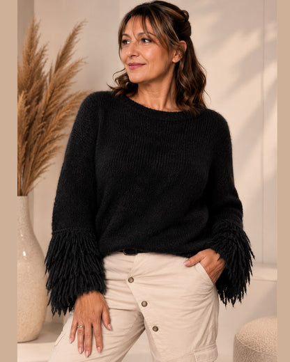 Schwarzer Strickpullover Damen mit Fransen One Size 36 bis 42