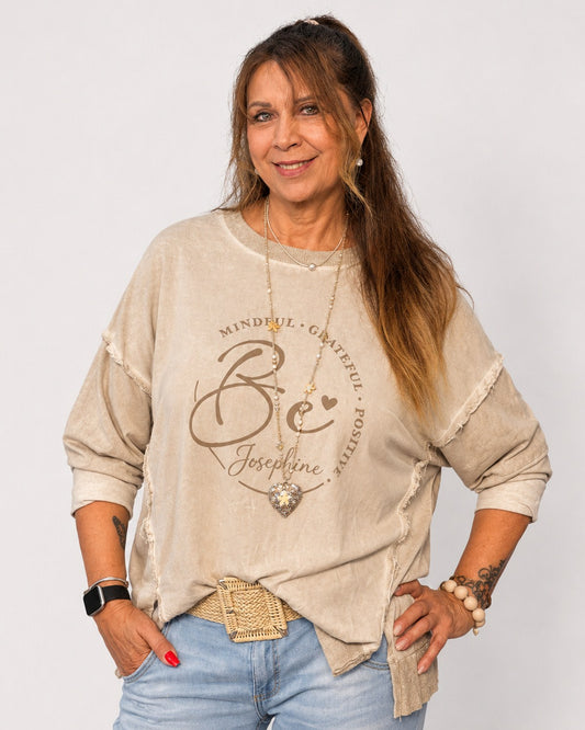 Statement Langarmshirt aus Viskose-Jersey mit Glitzer-Halsbündchen