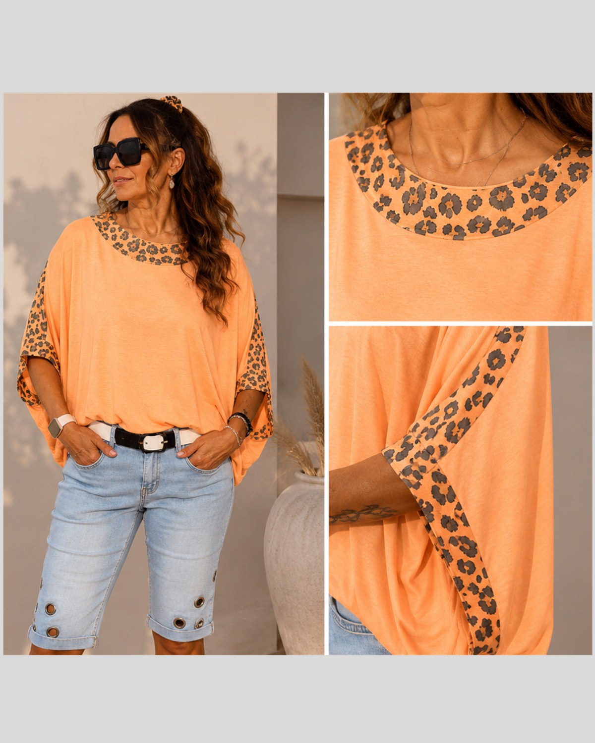 Kastiges Cropped T-Shirt mit Leo Print