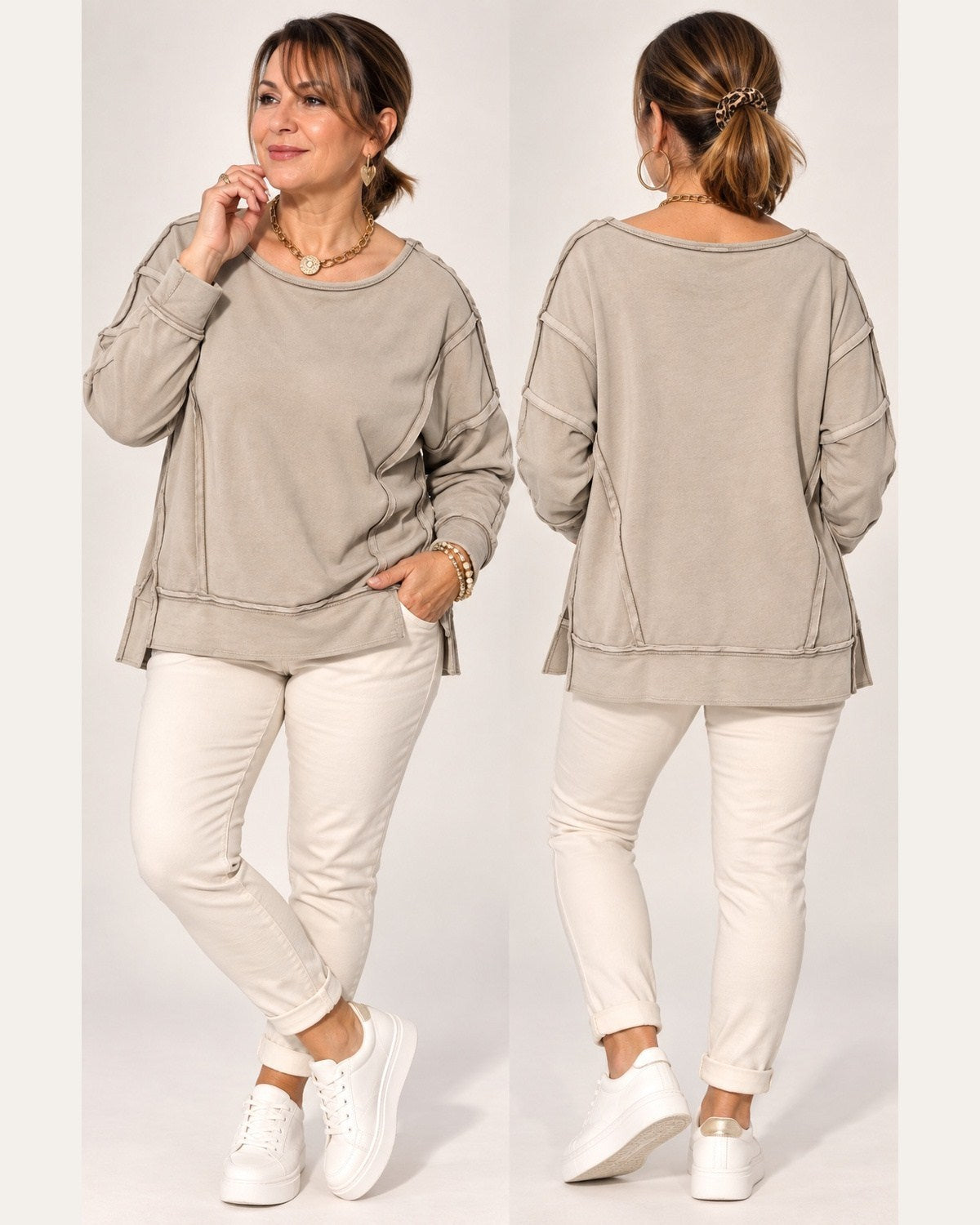 Damen Sweatshirt Offenkantig – Taupe & Beige | One Size 36–40/42