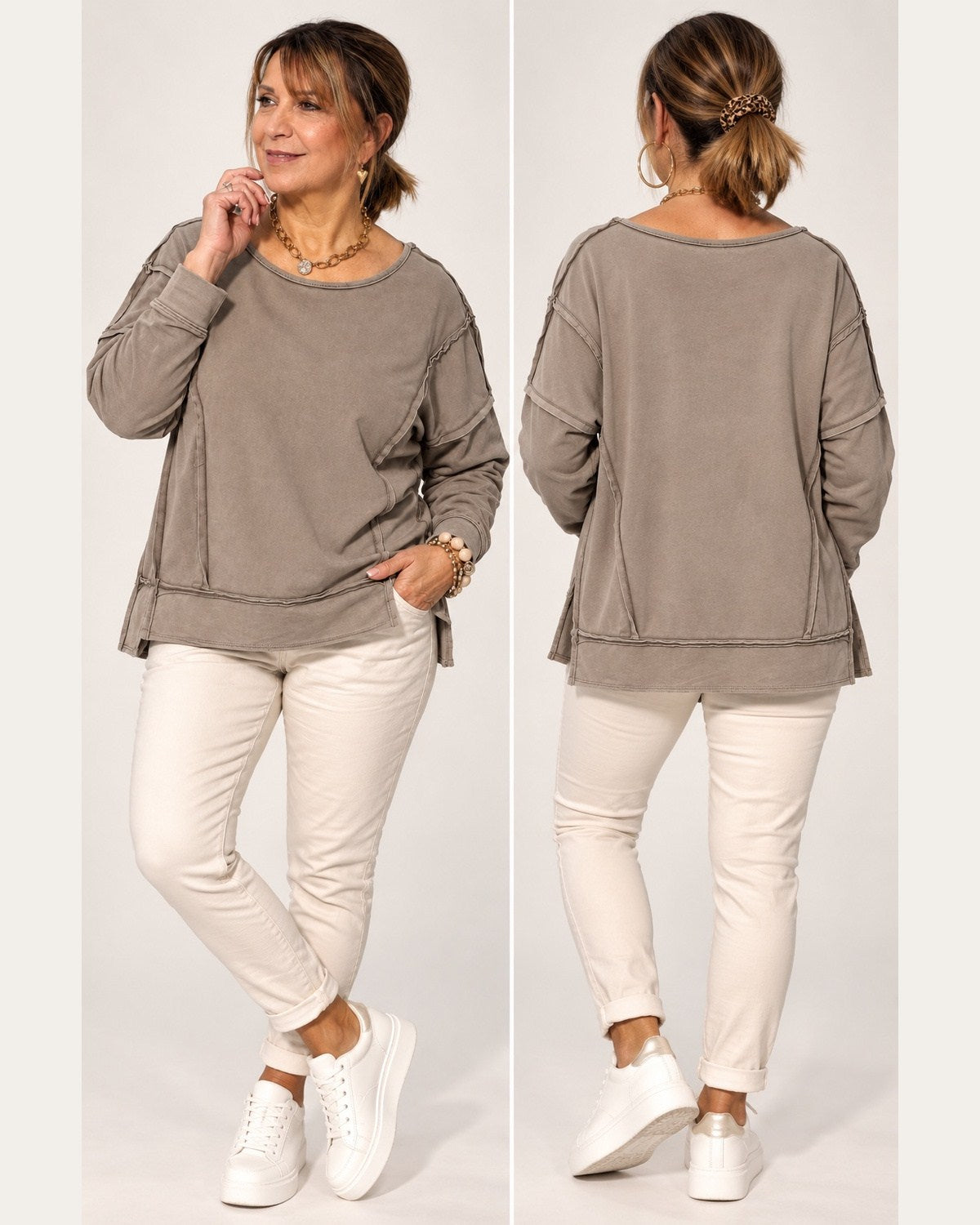 Damen Sweatshirt Offenkantig – Taupe & Beige | One Size 36–40/42