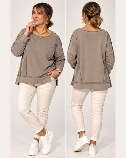 Damen Sweatshirt Offenkantig – Taupe & Beige | One Size 36–40/42