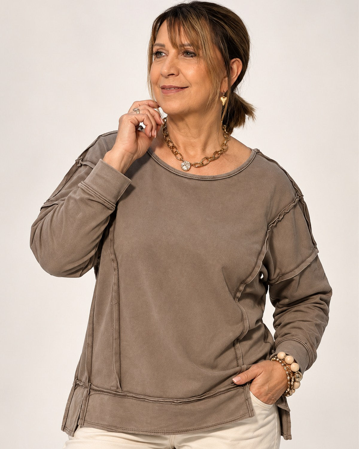 Damen Sweatshirt Offenkantig – Taupe & Beige | One Size 36–40/42