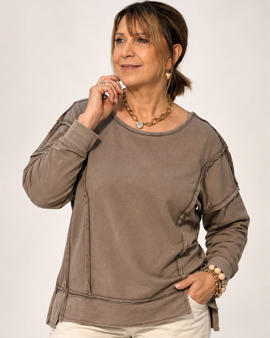Damen Sweatshirt Offenkantig – Taupe & Beige | One Size 36–40/42