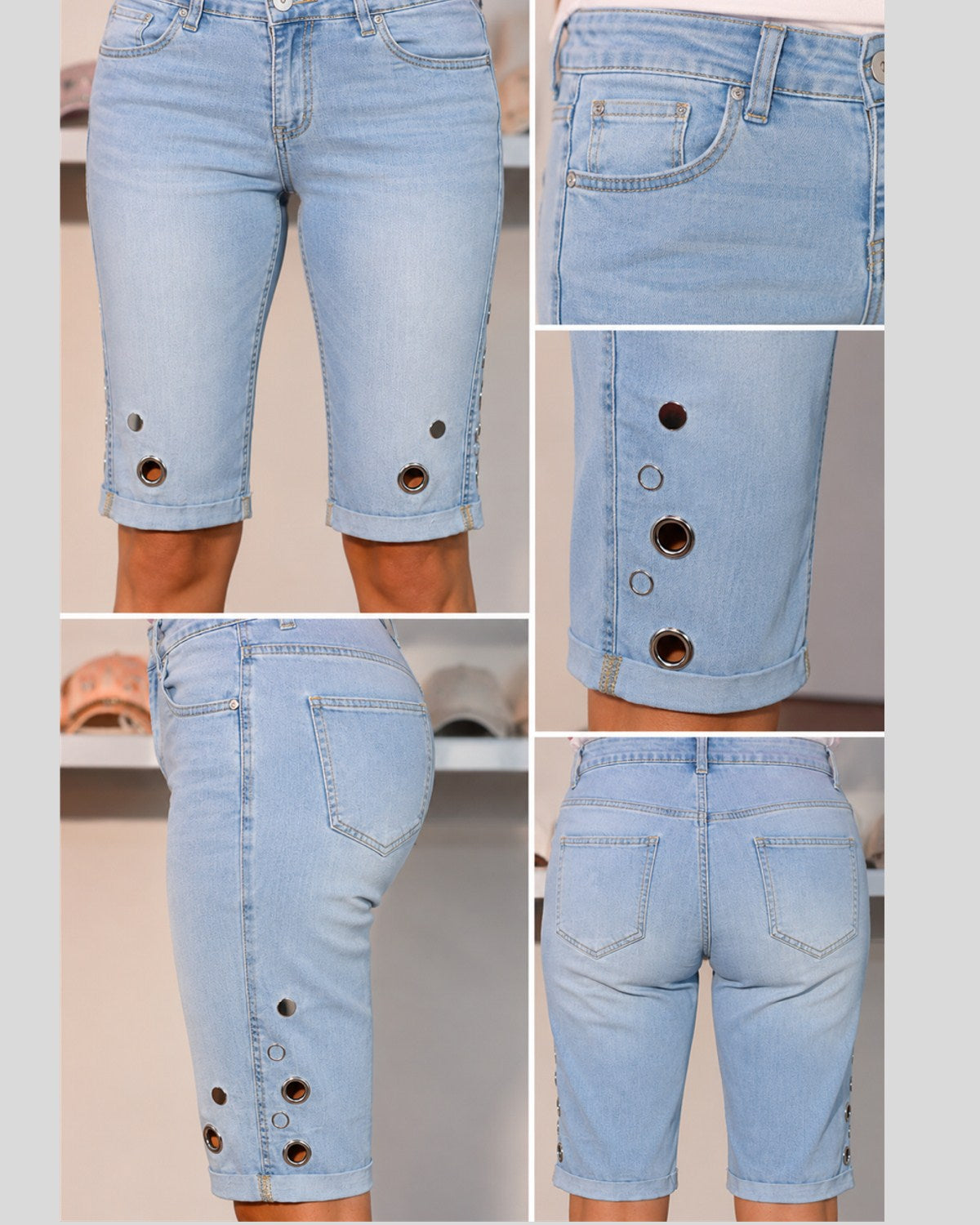 Jeans-Bermuda mit Ösen-Details – Hellblau