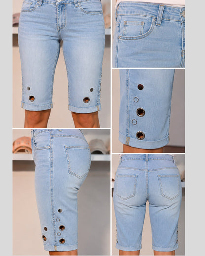 Jeans-Bermuda mit Ösen-Details – Hellblau