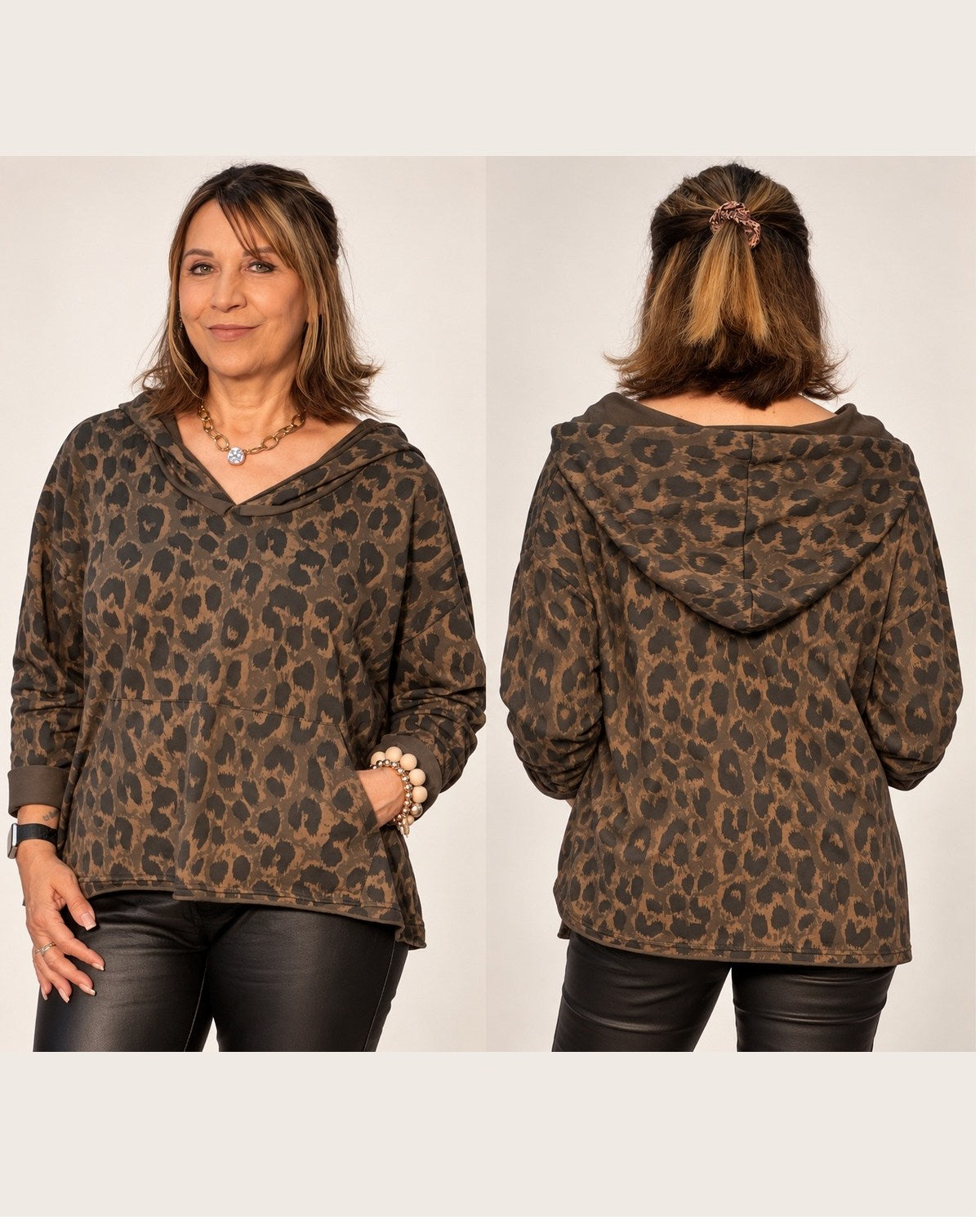 „Damen Hoodie im Leo Look – Vorder- und Rückansicht“